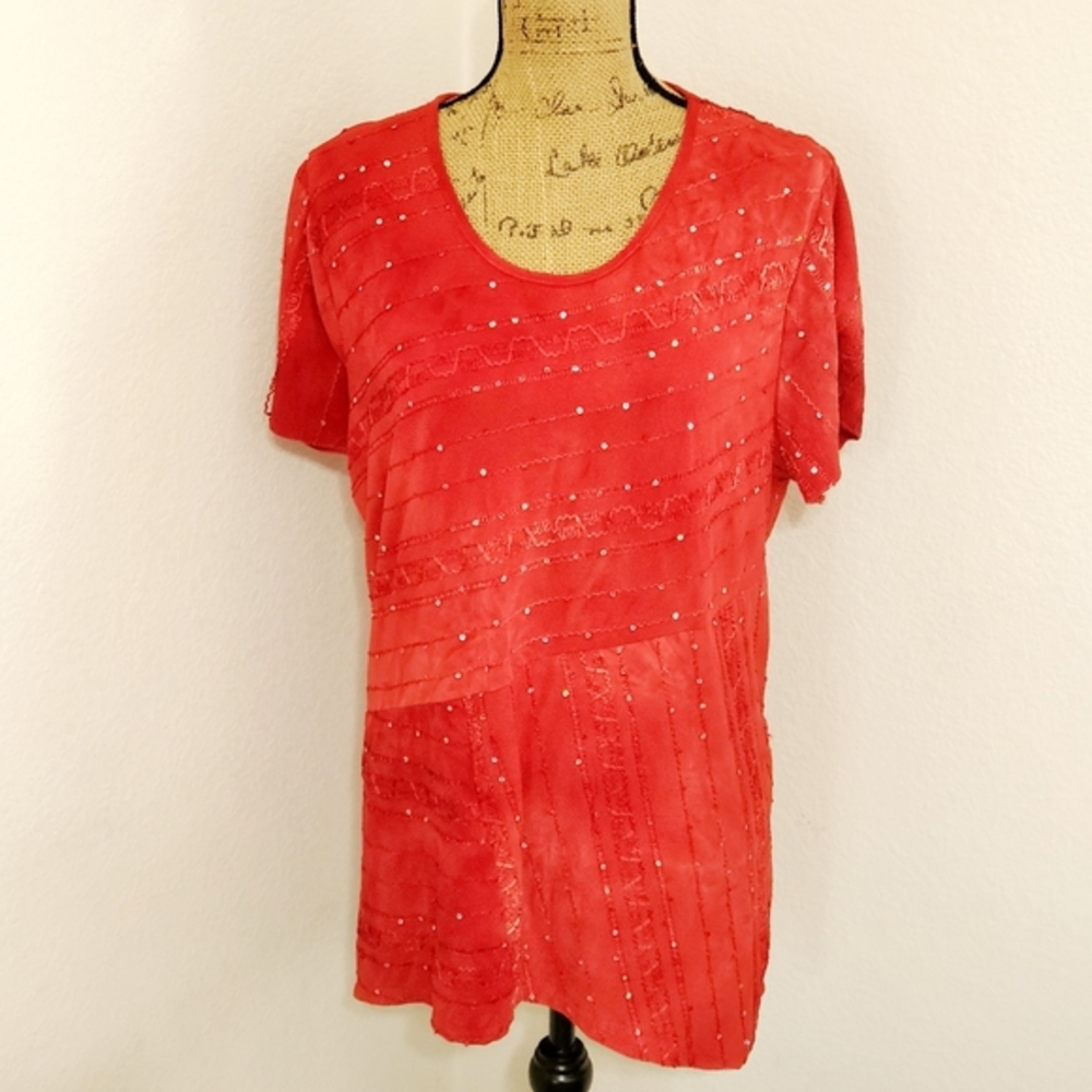 Sienna Grace Tie dye sequin detail rick rack stitches short-sleeves Red size 2X